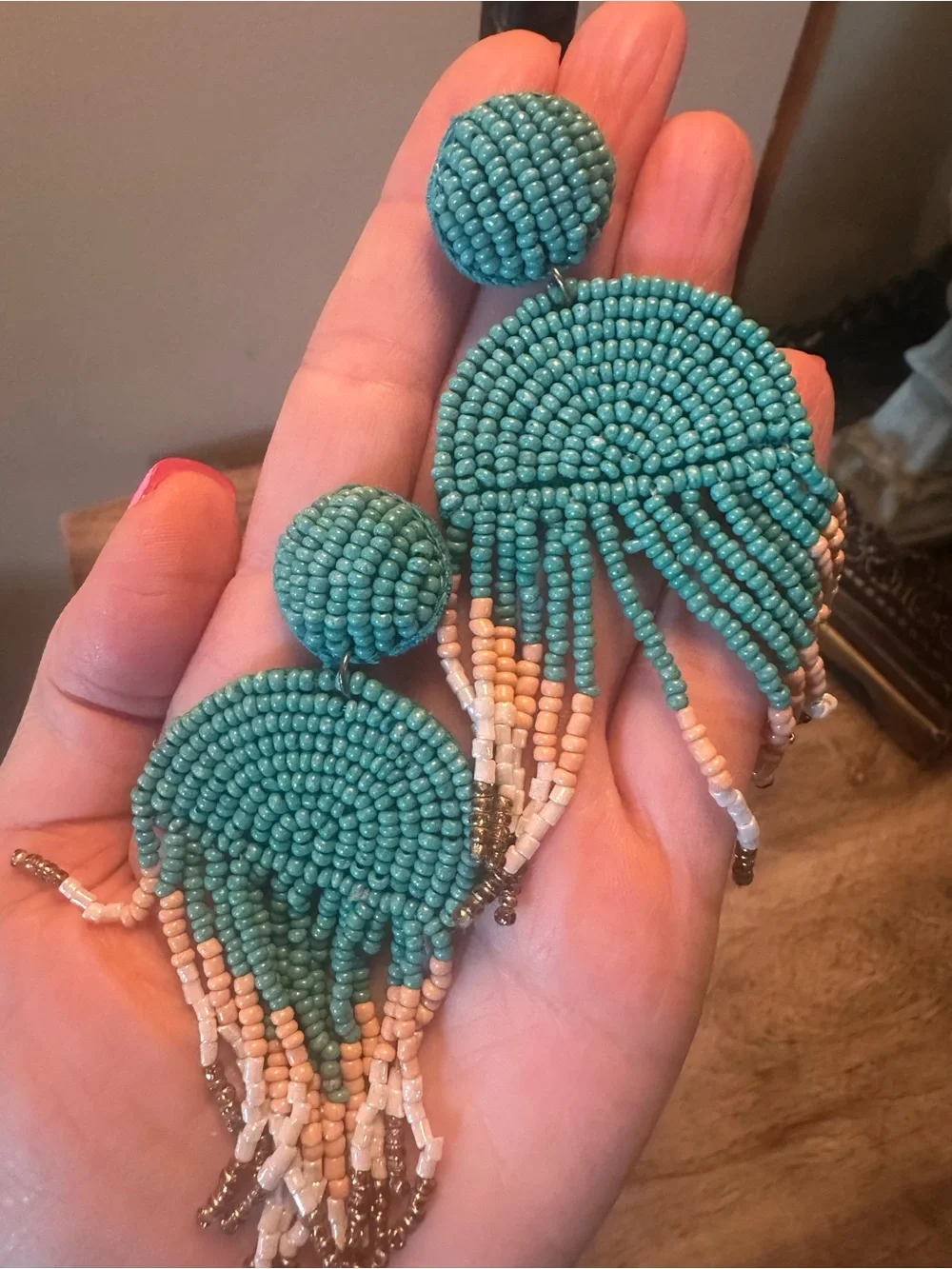 Beaded Fringe Drop Earrings - Turquoise & Tan